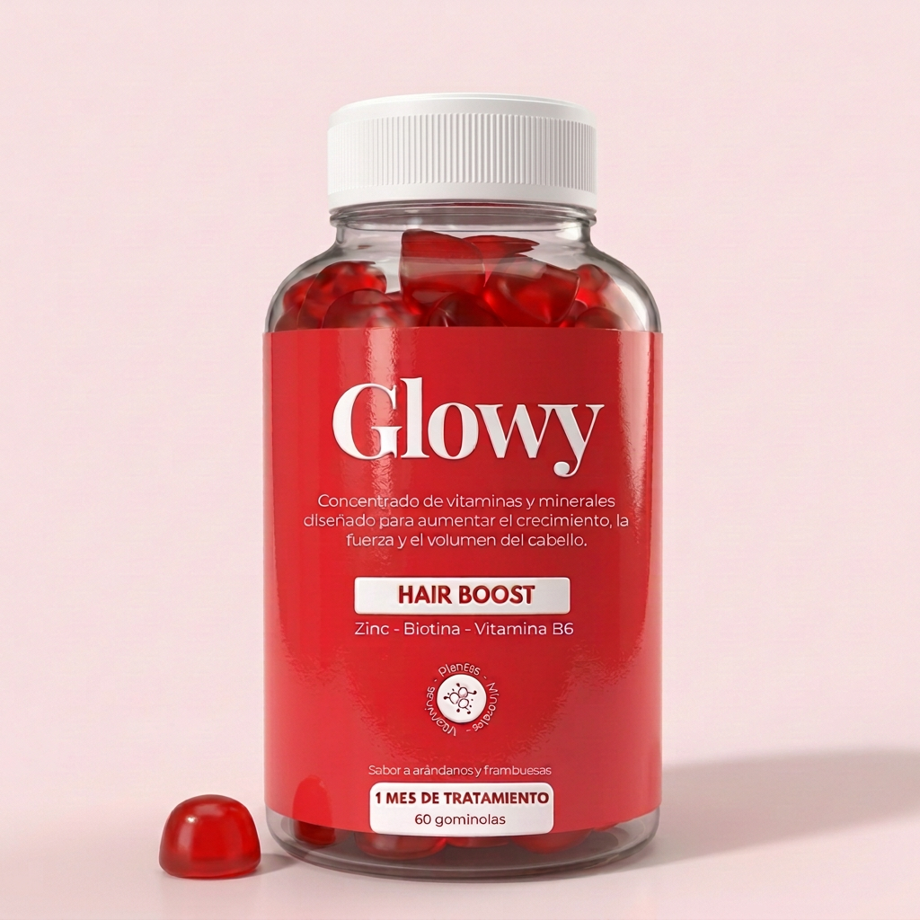 Bote de vitaminas para el pelo Glowy Hair Boost con gominola roja de biotina